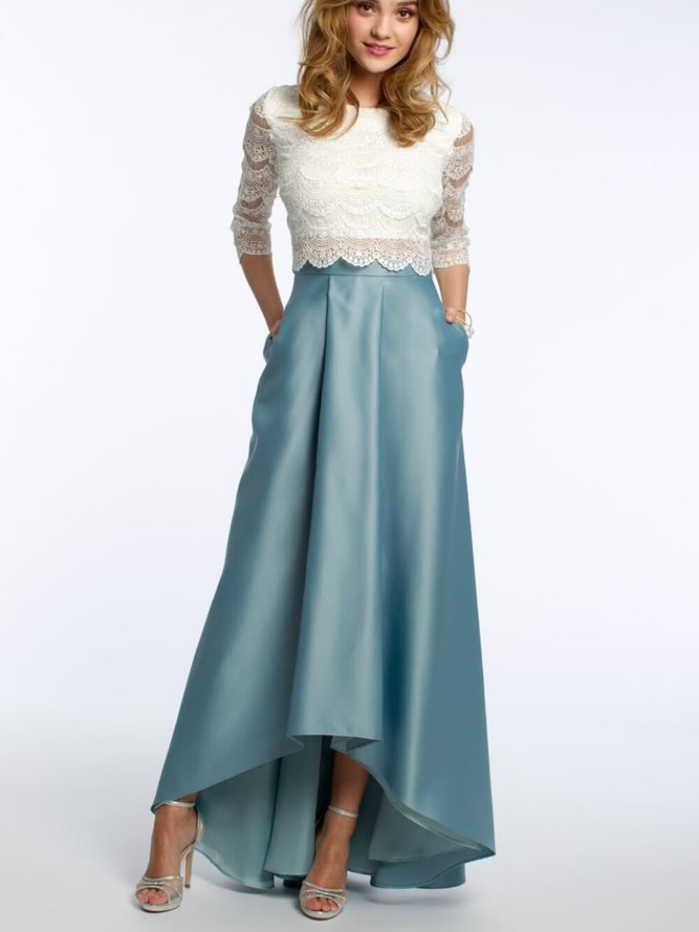 Betsy Adams 3/4 sleeve lace hi-low dress